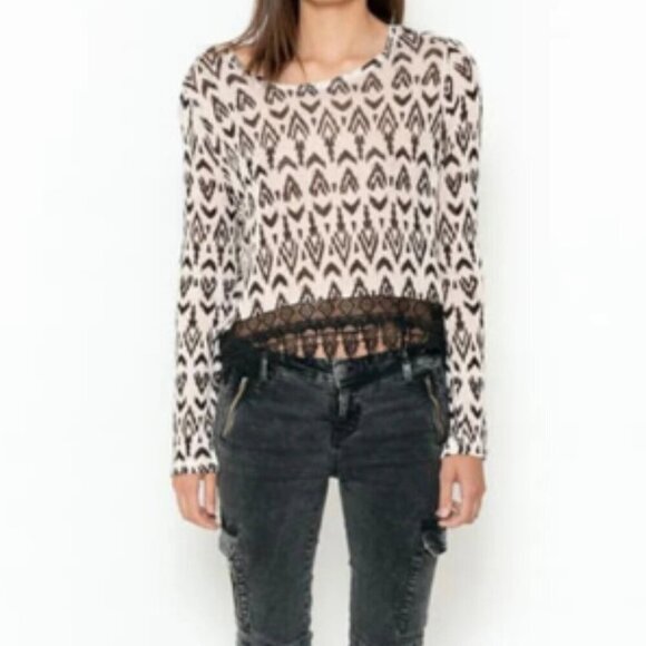 H&M Divided Lace Hem Cropped Tribal Lightweight Sweater Scoop Neck Sz Large - Picture 1 of 8